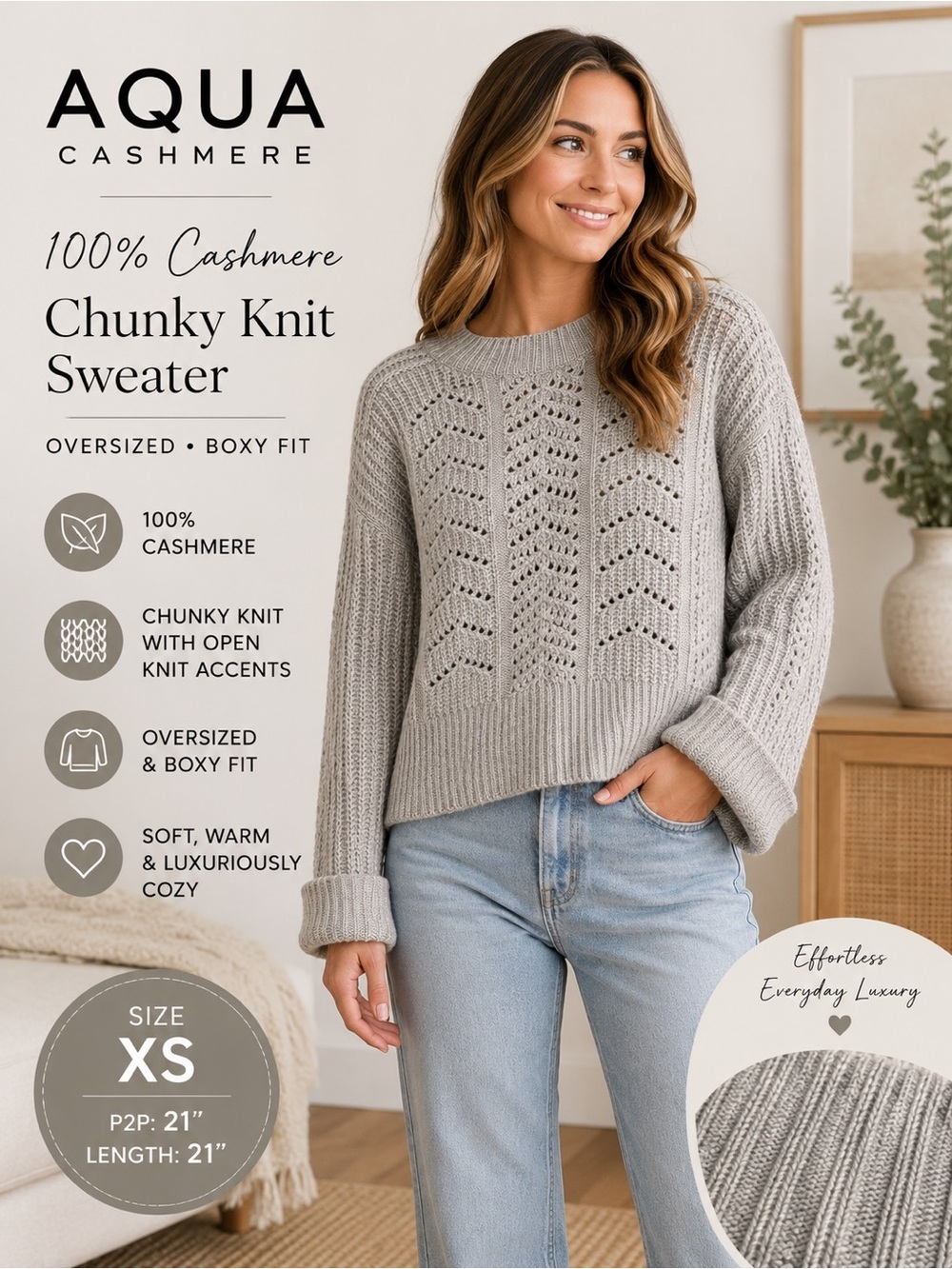 AQUA Cashmere 100% Cashmere Chunky Knit Sweater XS Oversized Quiet Luxury Chic